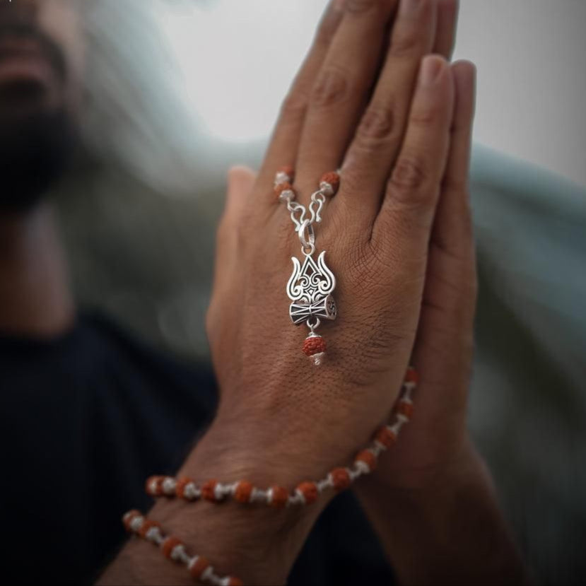 Trishul Damru Rudraksha Pendant with Orignal Rudraksha Mala